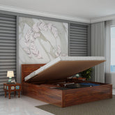 Dotwork Solid Sheesham Wood Hydraulic Bed With Box Storage (Queen Size, Natural Finish)